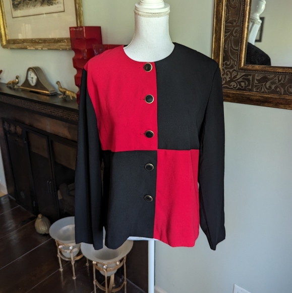 80s/90s Vtg Jacket Women's Large Red Black Colorblock Checkered Queen Of Hearts - Picture 1 of 9